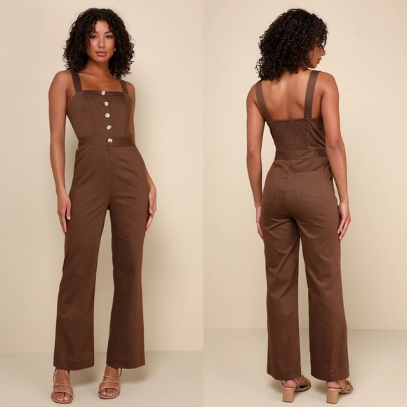 Lulus Pants - Lulus Practical Charm Brown Twill Button-Front Straight Leg Jumpsuit S Travel